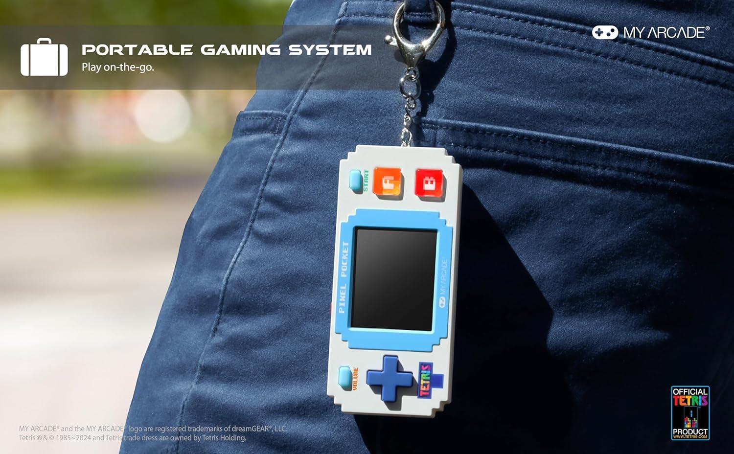 image:imageTetris Pixel Player Officially Licensed Tiny Tetris Video Game Strategic Puzzle Game with 10 Bonus Games Portable Keychain Arcade Games for Kids and Adults